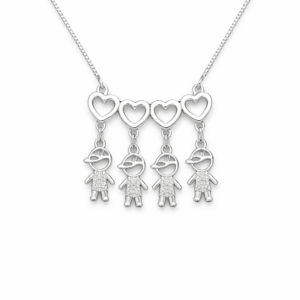 Colar Filhos com 4 Filhos em Corações | Corrente Veneziana Prata | LILLARA SEMIJOIAS