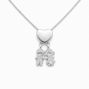 Colar Família Coração com Casal de Filhos – Menino e Menina em Banho Prateado | LILLARAPrateado – Amor de Mãe | LILLARA SEMIJOIAS