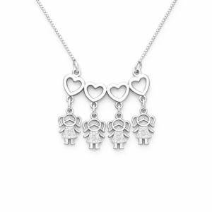 Colar Família com 4 Meninas e 4 Corações em Banho Prateado | LILLARA SEMIJOIAS