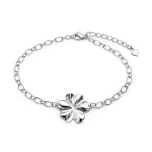 Pulseira prateada com flor central texturizada e extensor com coração liso LILLARA SEMIJOIAS