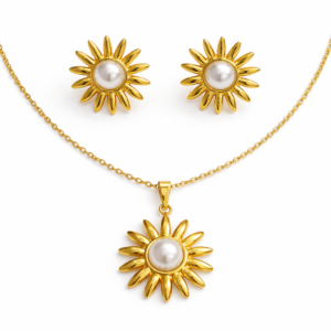 Conjunto Flor com Pérola Central em Banho Dourado Elegante LILLARA SEMIJOIAS