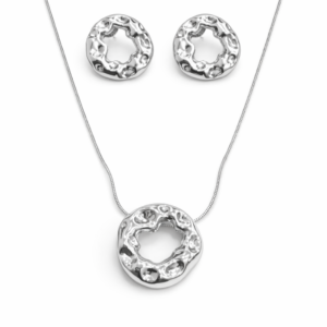 Conjunto Colar e Brinco Orgânico Texturizado – Banho Prateado