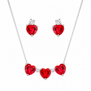 Conjunto Colar e Brinco Coração Vermelho com Zircônias | Semijoia Prateada