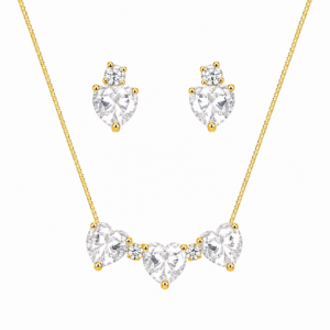 Conjunto Colar e Brinco Coração com Zircônias Incolor | Acabamento Dourado