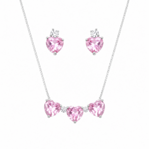 Conjunto Colar e Brinco Coração Rosa com Zircônias | Semijoia Prateada