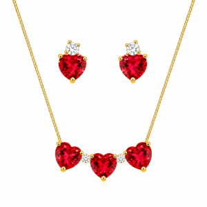 Conjunto Colar e Brinco Coração Vermelho com Zircônias | Acabamento Dourado
