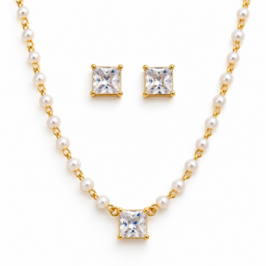 Conjunto colar de pérolas com zircônia quadrada verde esmeralda e brincos dourados LILLARA