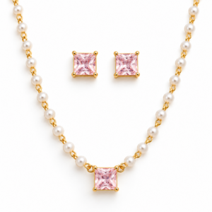 Conjunto Colar de Pérolas com Zircônia Rosa | LILLARA