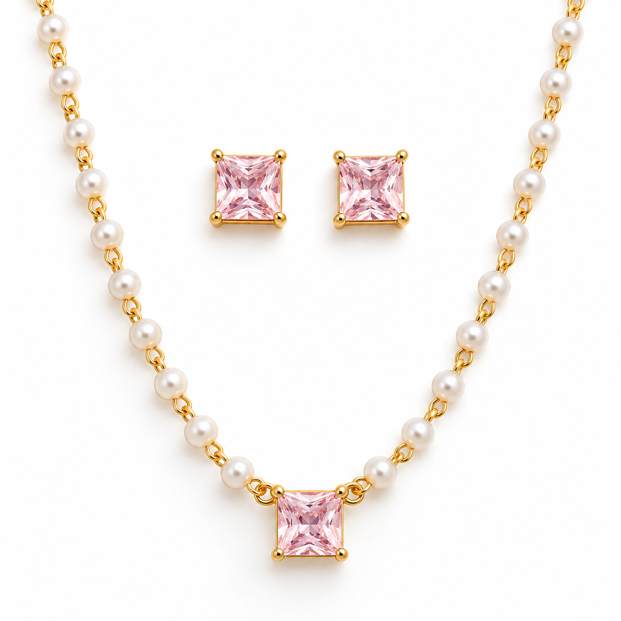 Conjunto Colar de Pérolas com Zircônia Rosa | LILLARA