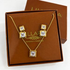 Conjunto Dourado com Zircônias Quadradas – Colar e Brincos
