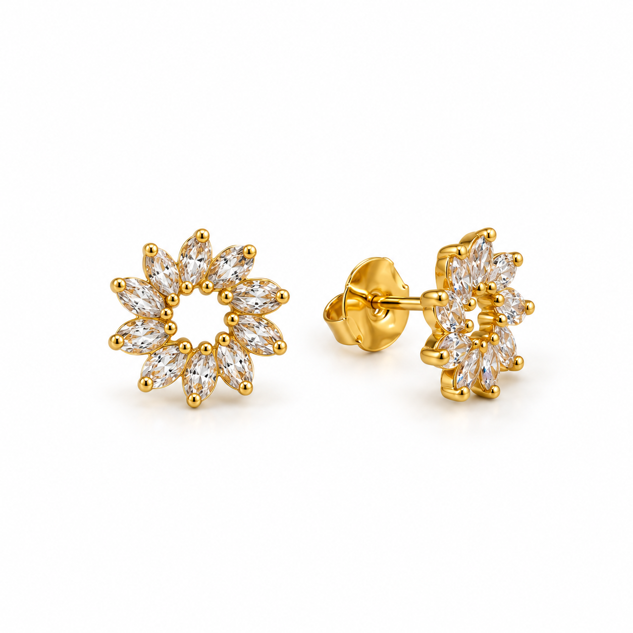 Brinco Flor com Zircônias Navete Dourado | LILLARA